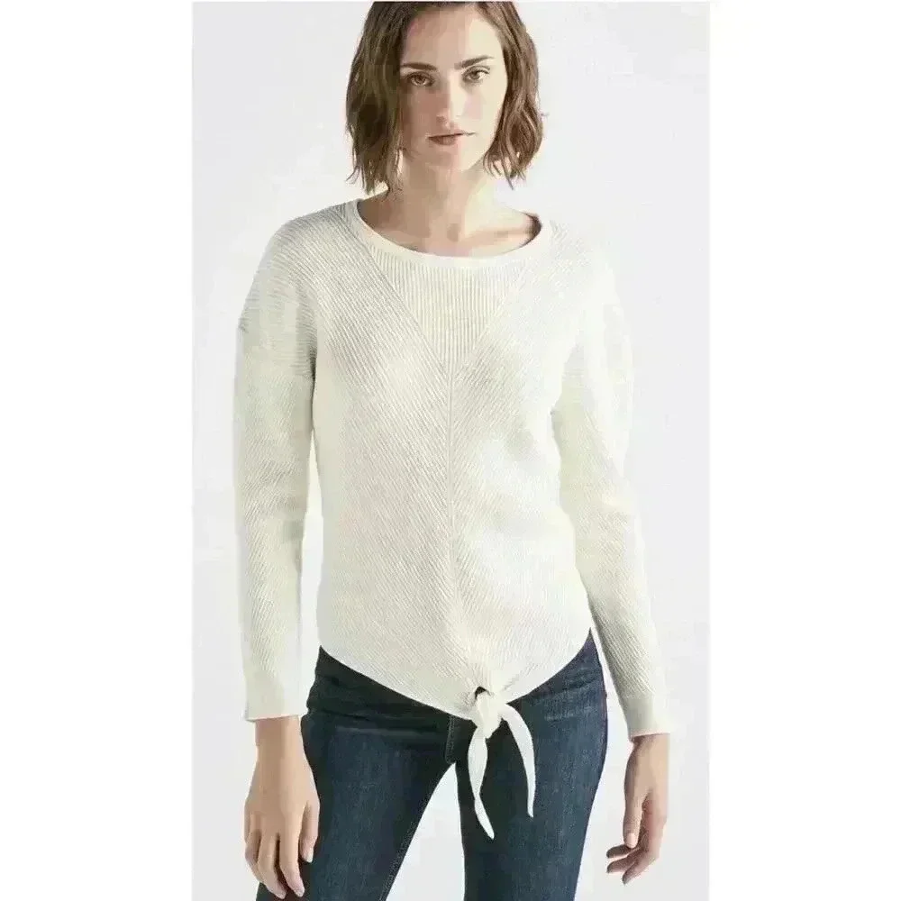 Lucky Brand Women’s Med White Ribbed Knit Knot Front‎ Long Sleeves Sweater